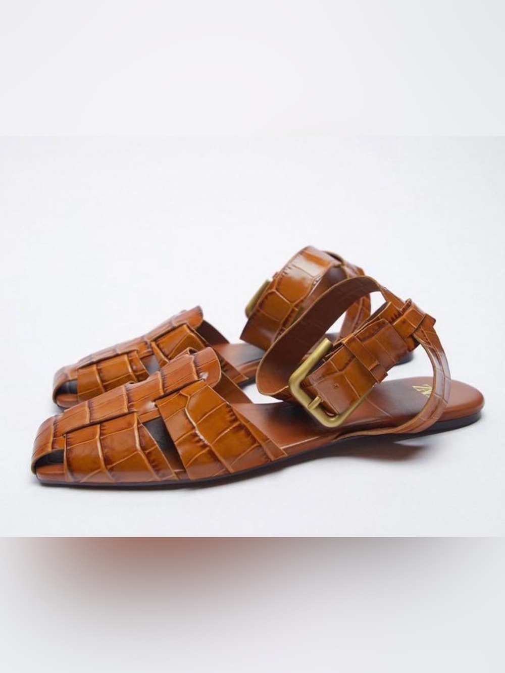 Zara Cognac Brown Woven Leather Buckle Flats - Picture 1 of 6